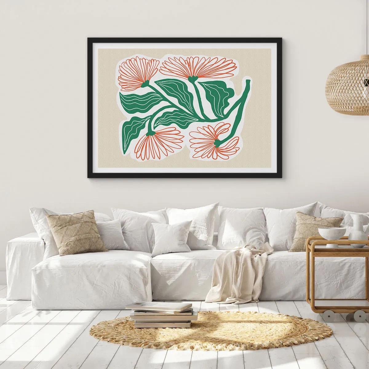 Plakat w czarnej ramie - Rysunek kwiatów w stylu minimalistycznym z zielonymi liśćmi - 70x50cm - Ludowe i nowoczesne - Nowoczesna dekoracja ścienna do salonu i sypialni ARTTOR