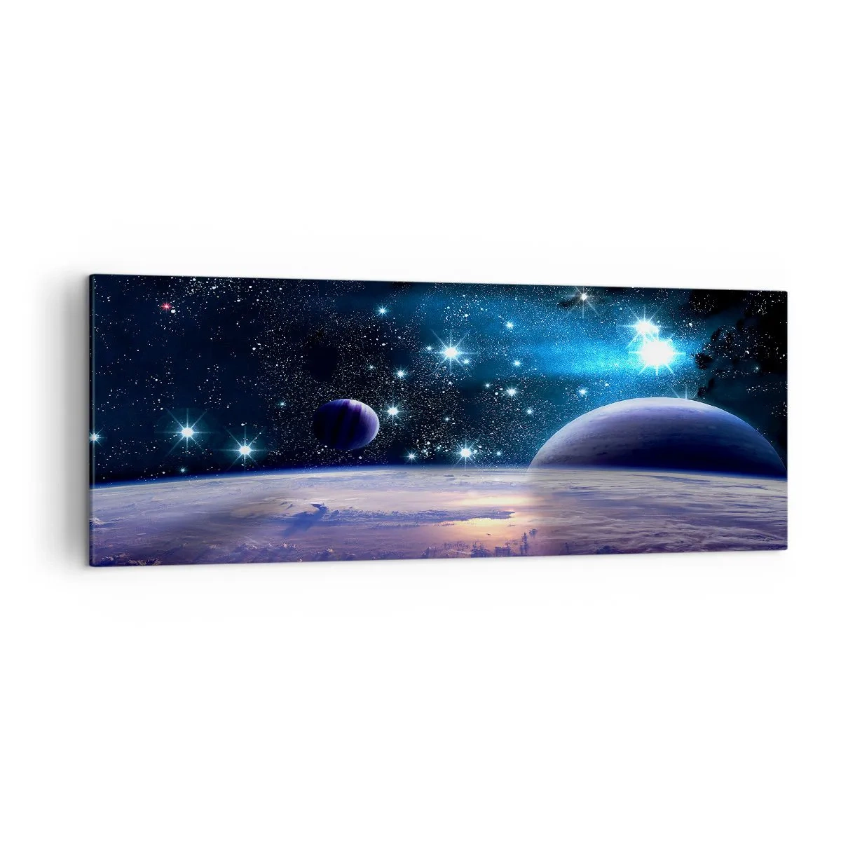 Obraz na płótnie - Widok na przestrzeń kosmiczną z planetami i gwiazdami - 140x50cm - Wciąż sami? - Nowoczesna dekoracja ścienna do salonu i sypialni ARTTOR
