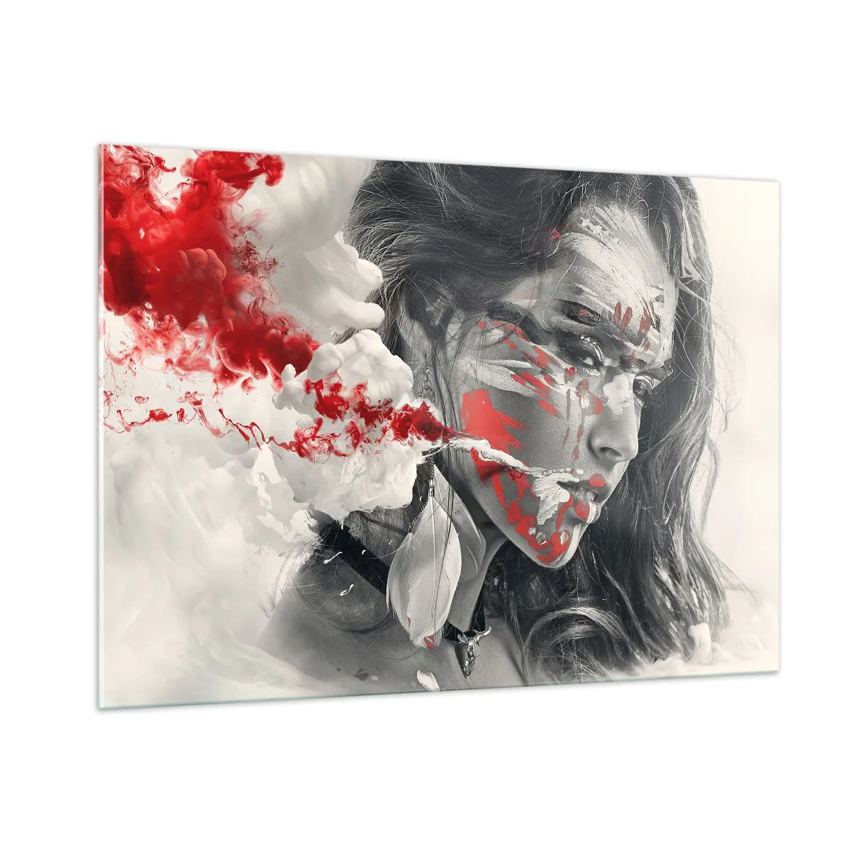 Obraz na szkle - Portret kobiety z abstrakcyjnymi czerwonymi i białymi wzorami - 100x70cm - W oparach absurdu - Nowoczesna dekoracja ścienna do salonu, kuchni i sypialni ARTTOR