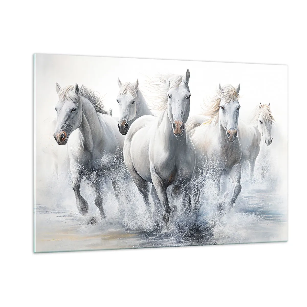 Obraz na szkle - Białe konie galopujące przez wodę w dynamicznej kompozycji - 120x80cm - Biała magia - Nowoczesna dekoracja ścienna do salonu, kuchni i sypialni ARTTOR