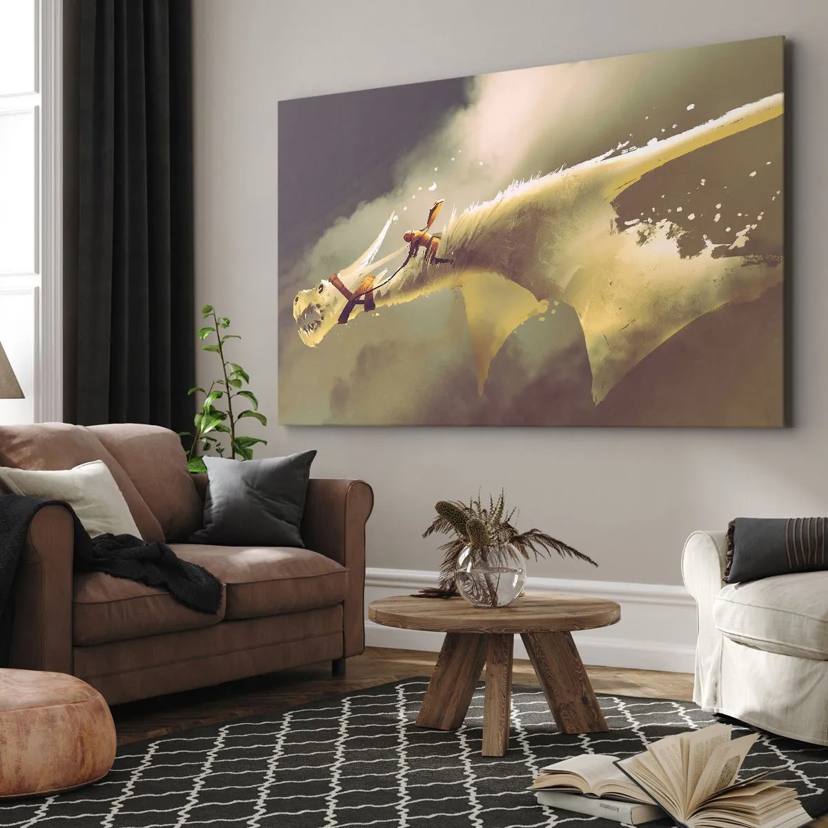 Obraz na płótnie - Ilustracja jeźdźca na smoku w fantastycznej scenerii chmur - 120x80cm - Światu na ratunek - Nowoczesna dekoracja ścienna do salonu, kuchni i sypialni ARTTOR