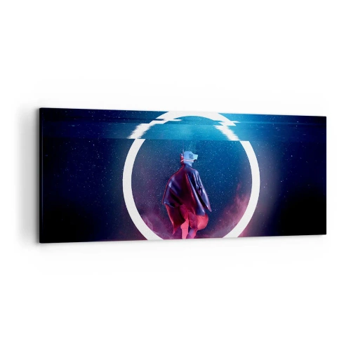 Obraz na płótnie - Postać w futurystycznym otoczeniu z neonowym okręgiem - 120x50cm - Między światami - Nowoczesna dekoracja ścienna do salonu i sypialni ARTTOR