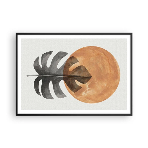 Plakat w czarnej ramie - Liść monstery i złote koło na jasnym tle - 100x70cm - Zawsze słońce - Nowoczesna dekoracja ścienna do salonu i sypialni ARTTOR