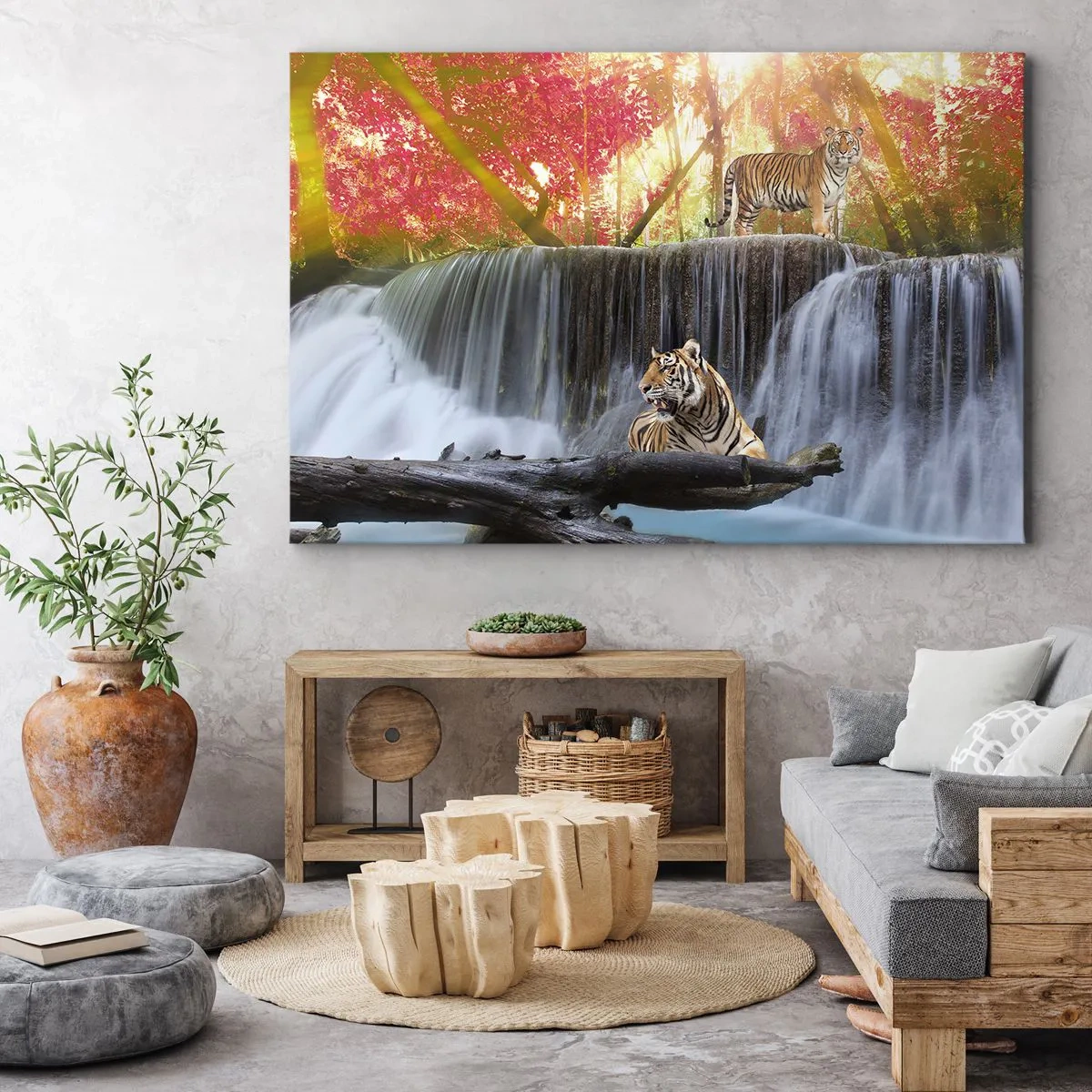 Obraz na płótnie - Tygrysy przy wodospadzie w jesiennym lesie - 100x70cm - Pejzaż surrealistyczny - Nowoczesna dekoracja ścienna do salonu, kuchni i sypialni ARTTOR
