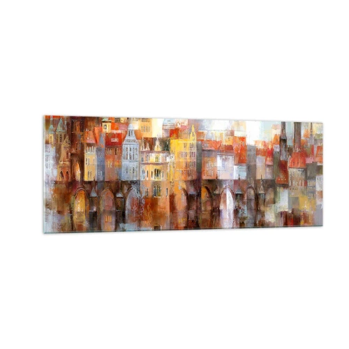Obraz na szkle - Malownicza panorama miasta z mostem w jesiennych barwach - 140x50cm - Pod mostem też pięknie - Nowoczesna dekoracja ścienna do salonu i sypialni ARTTOR