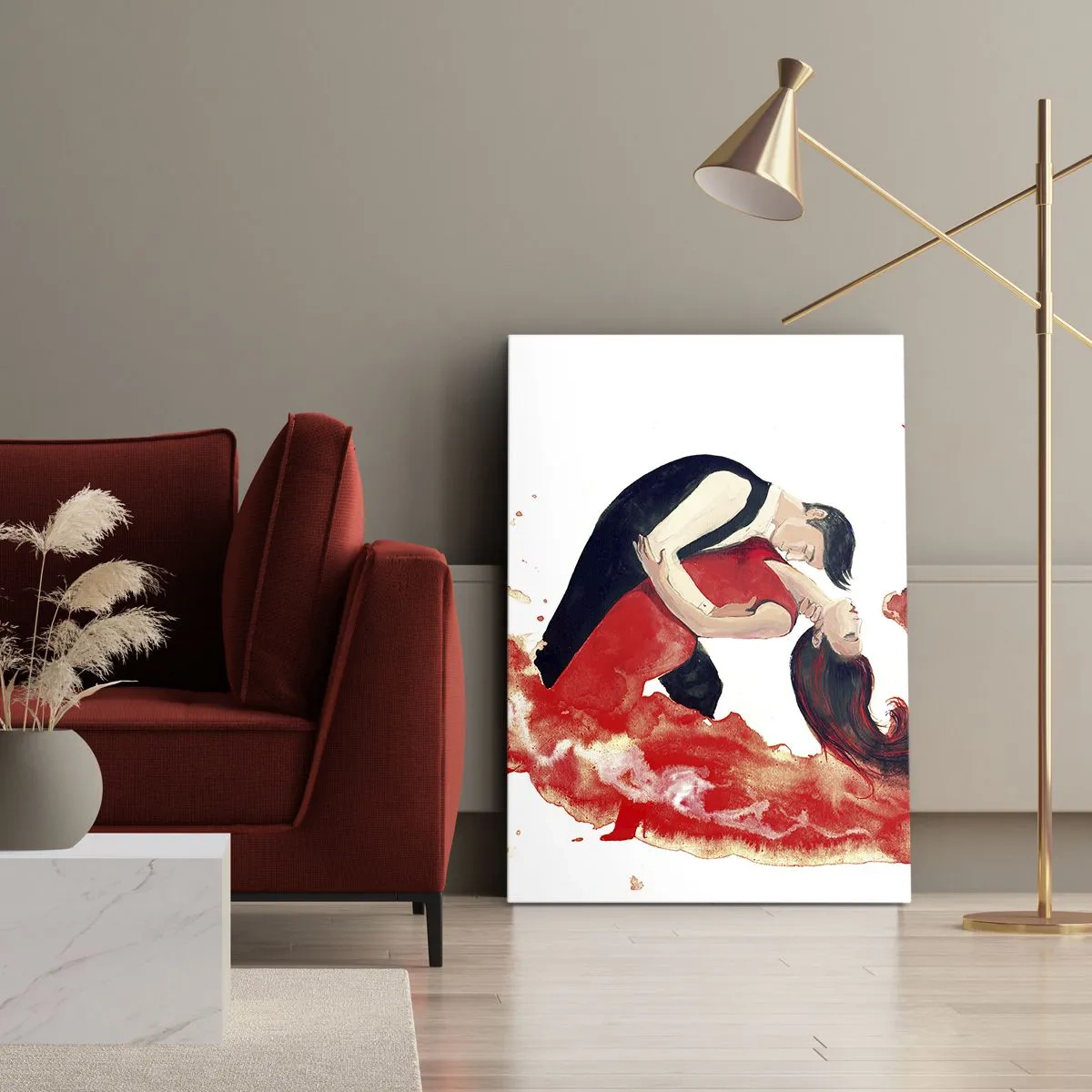 Obraz na płótnie - Tancerze w namiętnym tańcu w akwarelowym stylu - 50x70cm - Tango - zmysłowa fala - Nowoczesna dekoracja ścienna do salonu, kuchni i sypialni ARTTOR