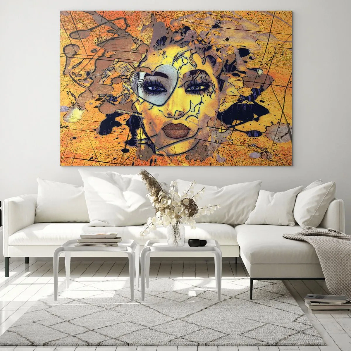 Obraz na szkle - Abstrakcyjna twarz kobiety w złoto-pomarańczowych tonach - 70x50cm - Słoneczna piękność - Nowoczesna dekoracja ścienna do salonu i sypialni ARTTOR