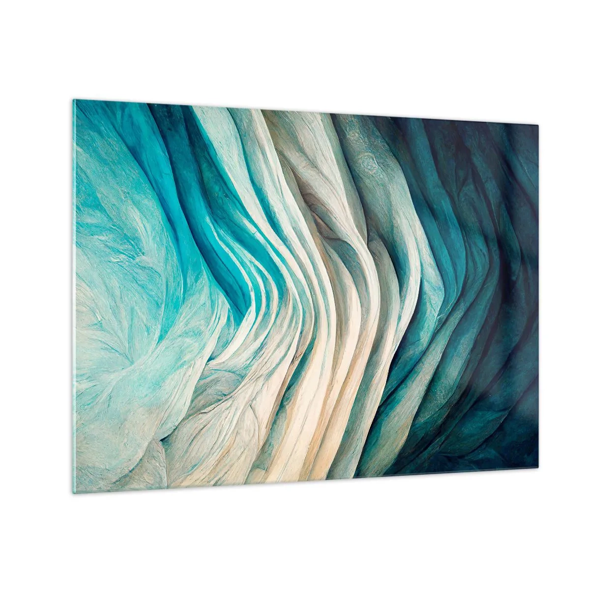 Obraz na szkle - Abstrakcyjne fale w odcieniach błękitu i beżu - 70x50cm - Błękitne nienasycenie - Nowoczesna dekoracja ścienna do salonu i sypialni ARTTOR
