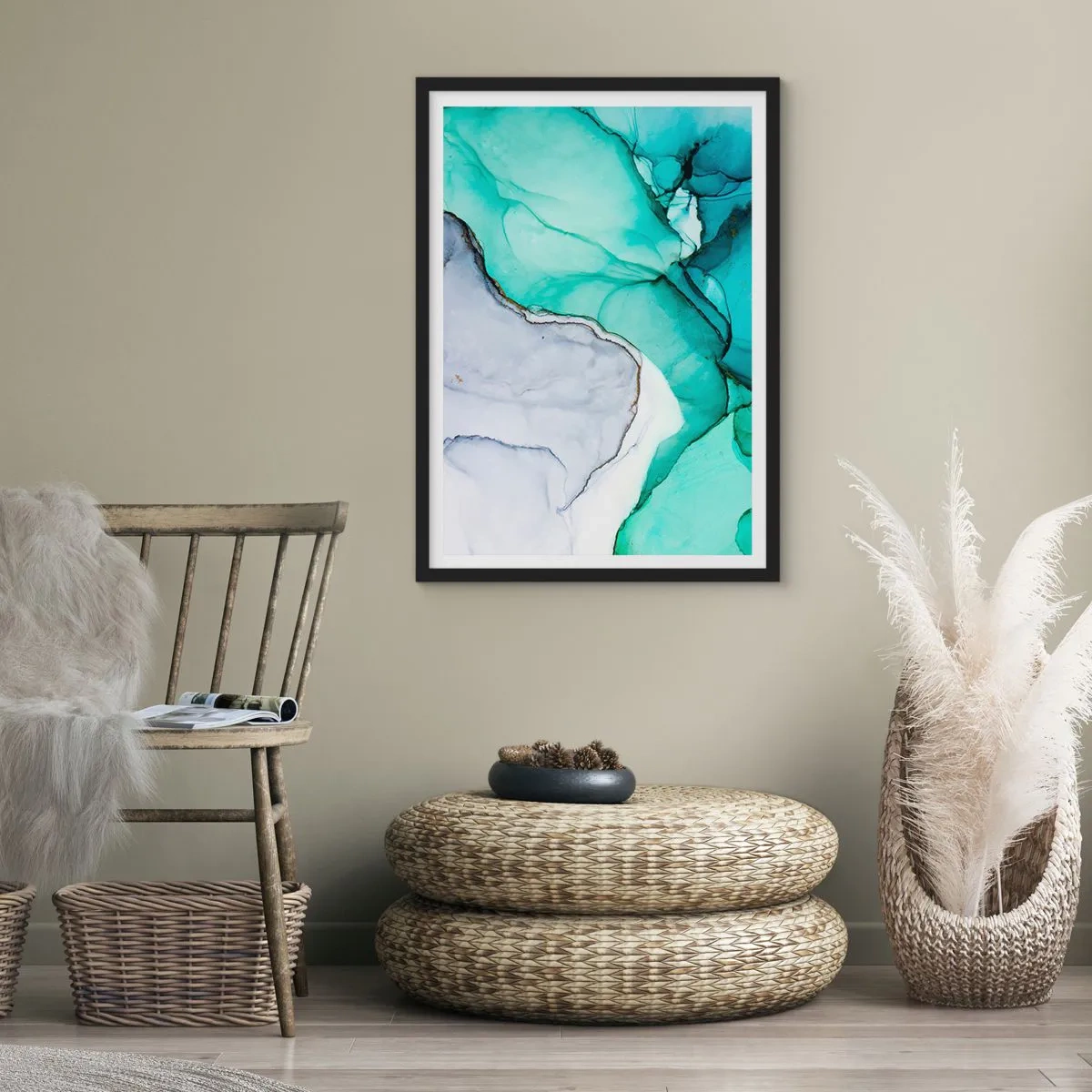 Plakat w czarnej ramie - Abstrakcyjny wzór w odcieniach turkusu i szarości, inspirowany naturą - 50x70cm - Studium w turkusie - Nowoczesna dekoracja ścienna do salonu i sypialni ARTTOR