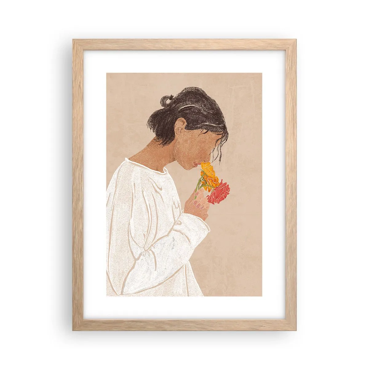 Plakat w ramie jasny dąb - Dziewczyna i kwiaty - 30x40 cm