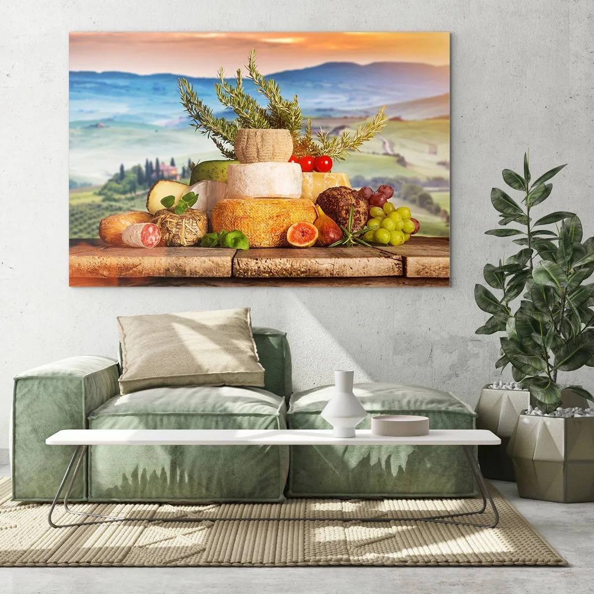 Obraz na szkle - Kompozycja serów i owoców na tle toskańskiego krajobrazu - 70x50cm - Włoska radość życia - Nowoczesna dekoracja ścienna do salonu i sypialni ARTTOR