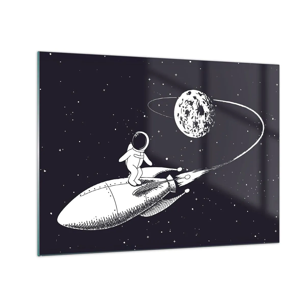 Obraz na szkle - Rysunkowy astronauta surfujący w kosmosie na rakiecie - 70x50cm - Kosmiczny surfer - Nowoczesna dekoracja ścienna do salonu i sypialni ARTTOR