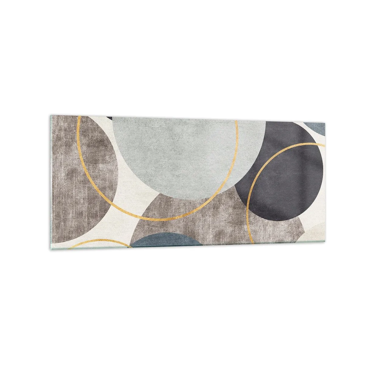 Obraz na szkle - Geometryczne okręgi w odcieniach szarości, błękitu i złota - 120x50cm - Koło za kołem - Nowoczesna dekoracja ścienna do salonu i sypialni ARTTOR
