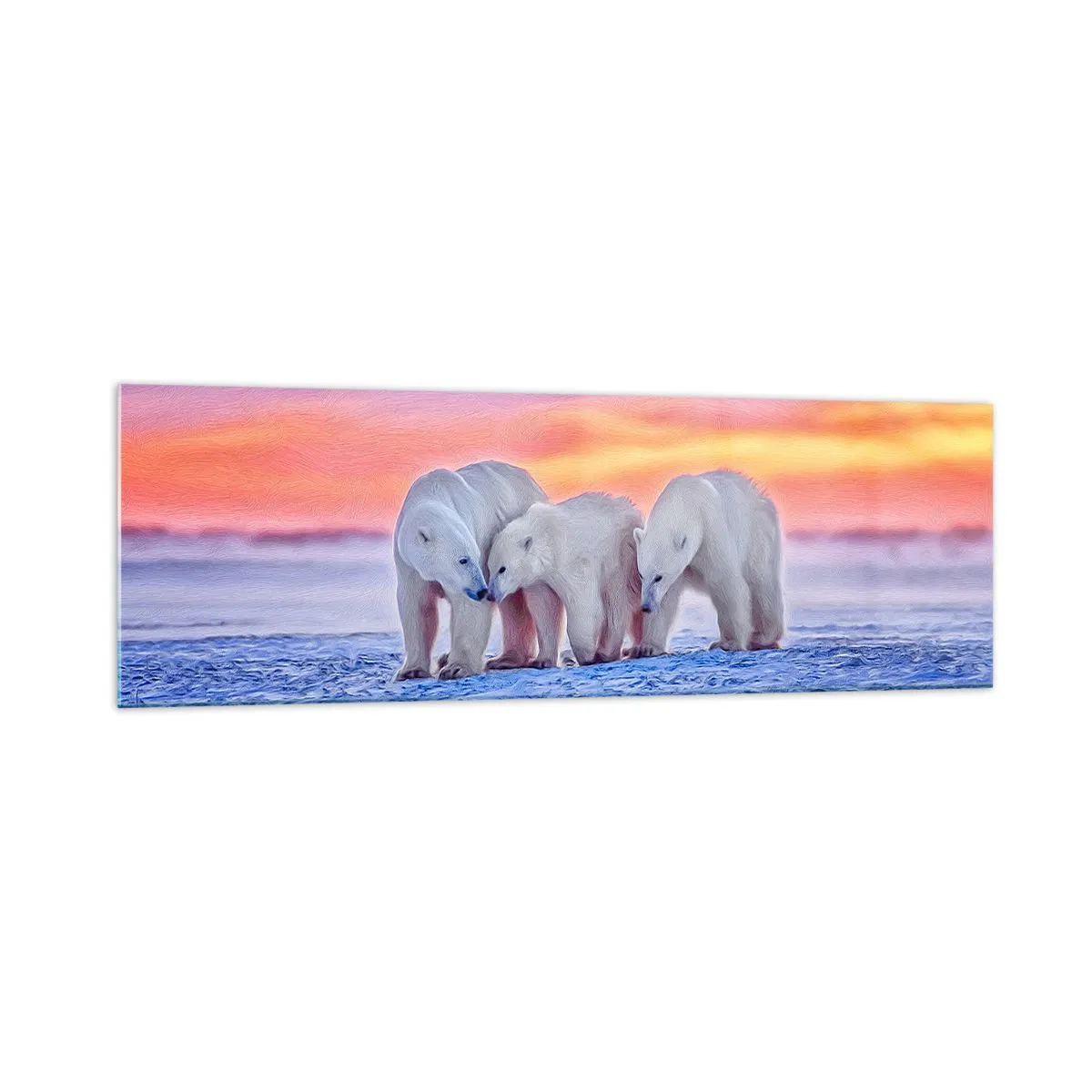 Obraz na szkle - Trzy niedźwiedzie polarne na tle arktycznego zachodu słońca - 160x50cm - Wystarczy rodzinne ciepło - Nowoczesna dekoracja ścienna do salonu i sypialni ARTTOR