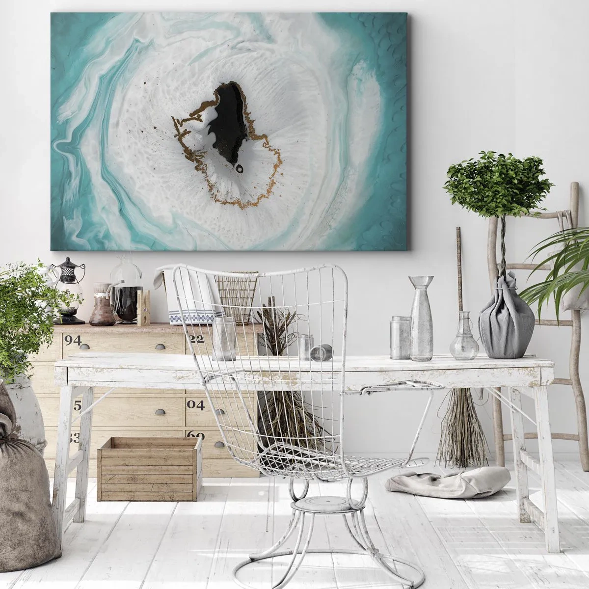 Obraz na płótnie - Abstrakcyjny motyw geody w odcieniach turkusu, bieli i złota - 70x50cm - Wniknąć do wnętrza - Nowoczesna dekoracja ścienna do salonu i sypialni ARTTOR
