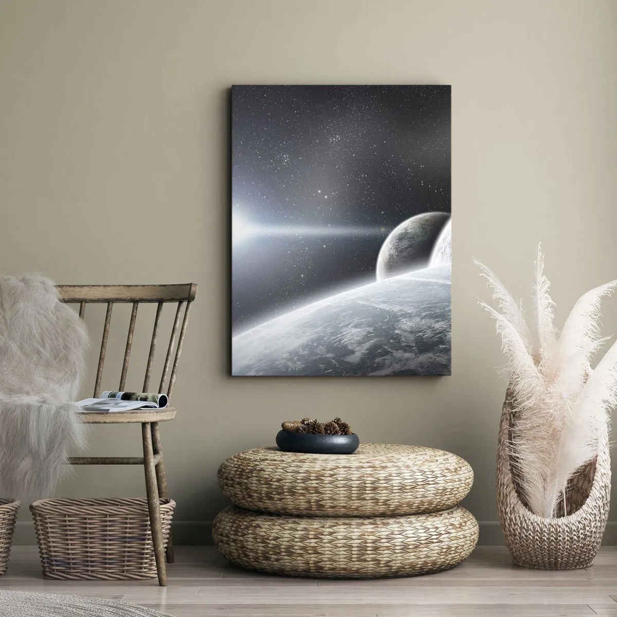 Obraz na płótnie - Planety w kosmosie na tle gwiazd i galaktyk - 80x120cm - Kosmiczna muzyka sfer - Nowoczesna dekoracja ścienna do salonu i sypialni ARTTOR
