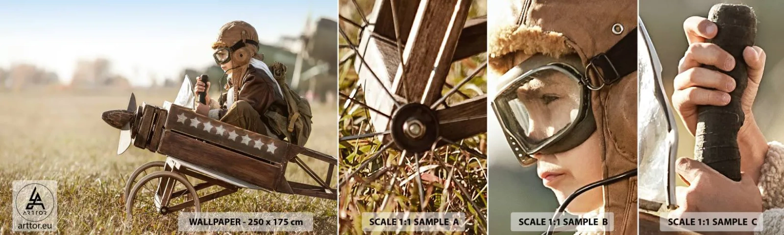 Fototapeta Próbka Samoprzylepna Deluxe Sticker - Start ku marzeniu - Chłopiec, Samolot, Vintage - 100x30 cm