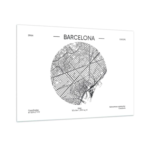 Obraz na szkle - Minimalistyczna mapa Barcelony w czarno-białej estetyce - 100x70cm - Anatomia Barcelony - Nowoczesna dekoracja ścienna do salonu, kuchni i sypialni ARTTOR