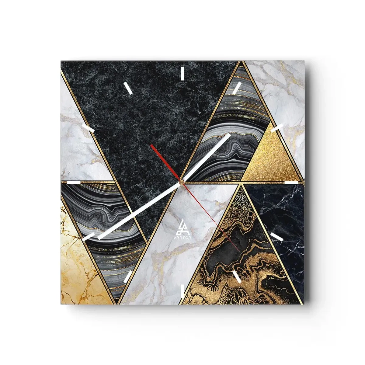 Zegar ścienny - Geometryczne trójkąty w złocie, marmurze i ciemnych odcieniach - 30x30cm - Kamień przy kamieniu - Nowoczesna dekoracja ścienna do salonu i sypialni ARTTOR