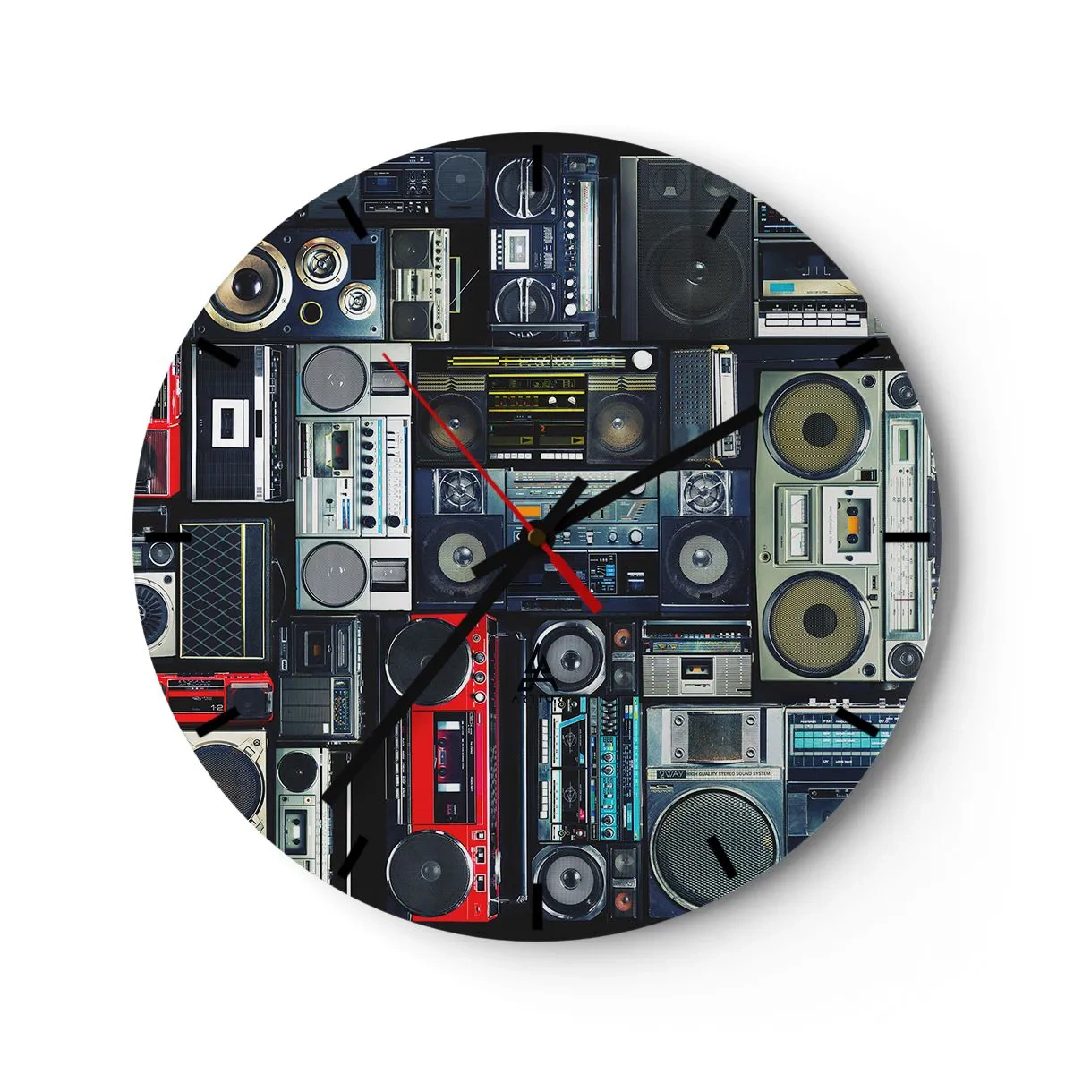Zegar ścienny - Kolorowe radia i magnetofony w stylu retro - 30x30cm - Tęsknota za latami 80. - Nowoczesna dekoracja ścienna do salonu, kuchni i sypialni ARTTOR