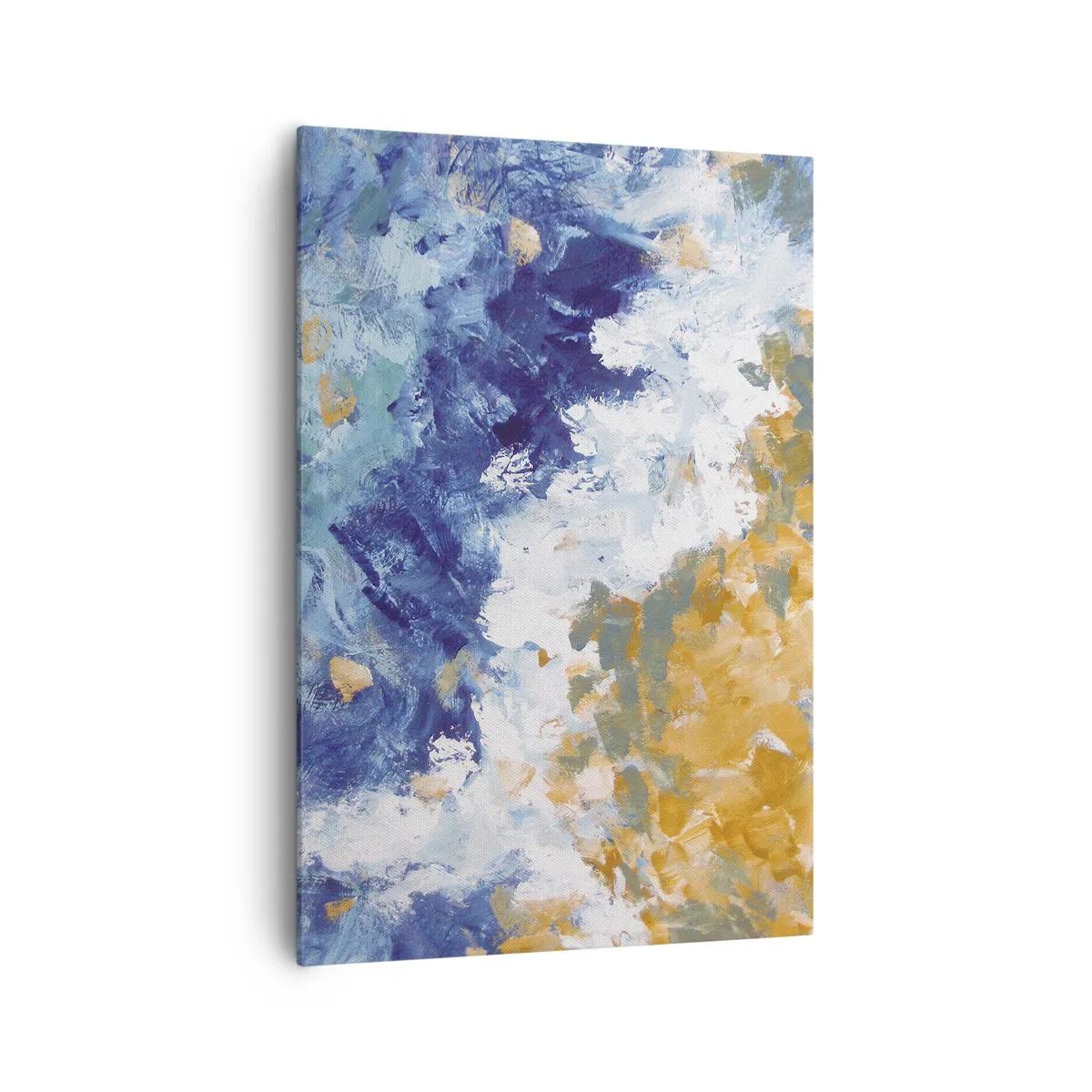 Obraz na płótnie - Abstrakcja w odcieniach błękitu, bieli i złota - 70x100cm - Taniec żywiołów - Nowoczesna dekoracja ścienna do salonu i sypialni ARTTOR