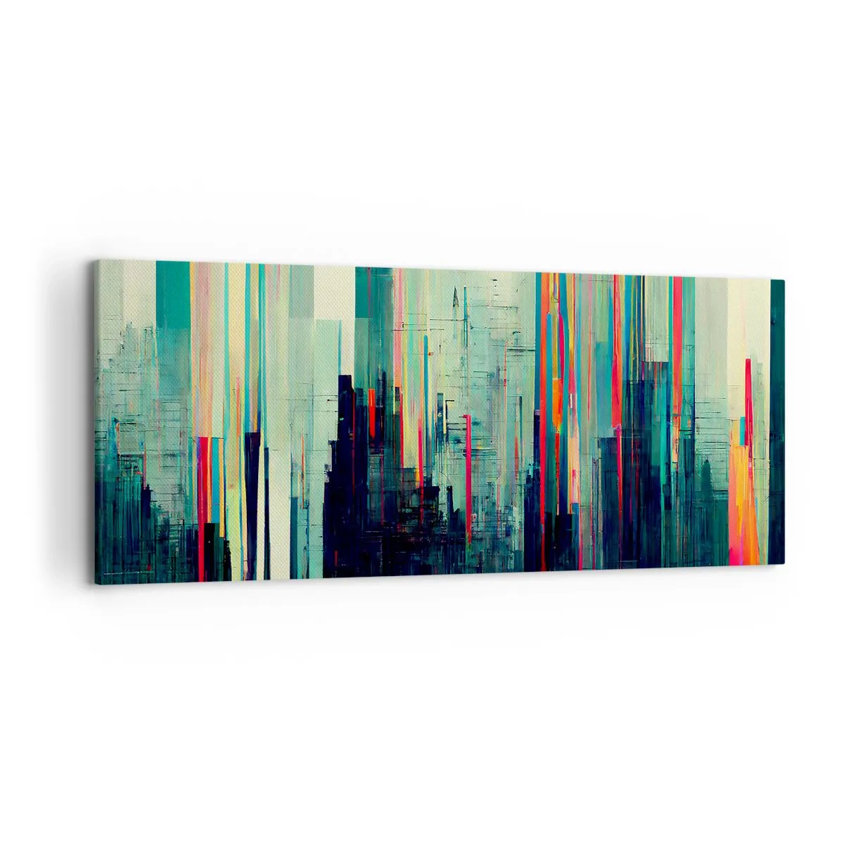 Obraz na płótnie - Abstrakcja z pionowymi liniami i miejską panoramą - 120x50cm - Futurystyczne miasto - Nowoczesna dekoracja ścienna do salonu i sypialni ARTTOR