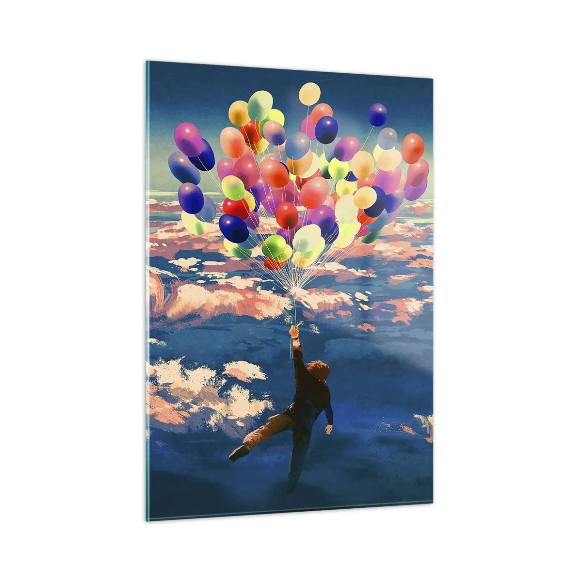 Obraz na szkle - Postać unoszona w przestworzach przez kolorowe balony - 50x70cm - Spełnione marzenie dzieciństwa - Nowoczesna dekoracja ścienna do salonu, kuchni i sypialni ARTTOR