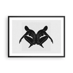 Plakat w czarnej ramie - Czarne sylwetki w symetrycznej pozycji na białym tle - 70x50cm - Wspólna dusza - Nowoczesna dekoracja ścienna do salonu i sypialni ARTTOR