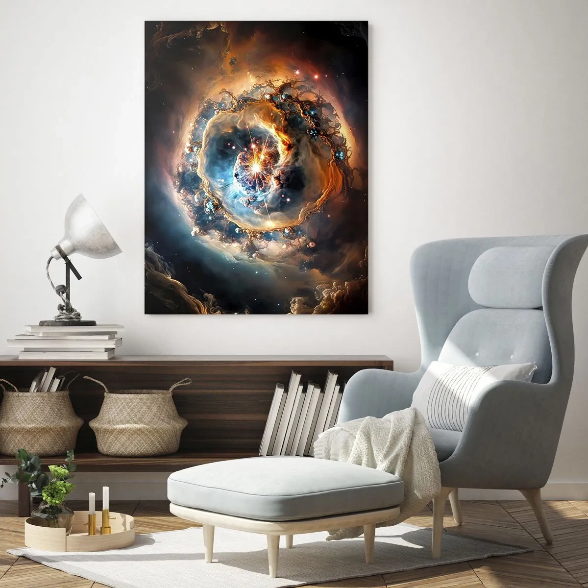 Obraz na szkle - Kosmiczna eksplozja w centrum galaktycznego wiru - 50x70cm - Początek - Nowoczesna dekoracja ścienna do salonu, kuchni i sypialni ARTTOR