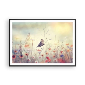 Plakat w czarnej ramie - Ptak na tle kolorowej łąki w pastelowych barwach - 100x70cm - Ptasi portret z łąką w tle - Nowoczesna dekoracja ścienna do salonu i sypialni ARTTOR