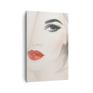 Obraz na płótnie - Minimalistyczny portret kobiety z niebieskim okiem i czerwonymi ustami - 80x120cm - Hipnotyzuje i odurza - Nowoczesna dekoracja ścienna do salonu i sypialni ARTTOR