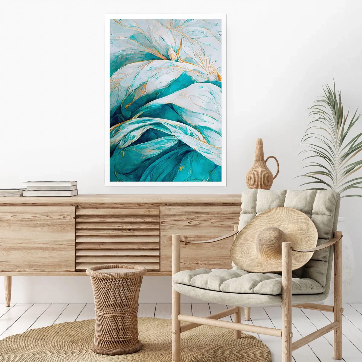 Plakat - Błękitna abstrakcja z motywem złota - 40x50 cm
