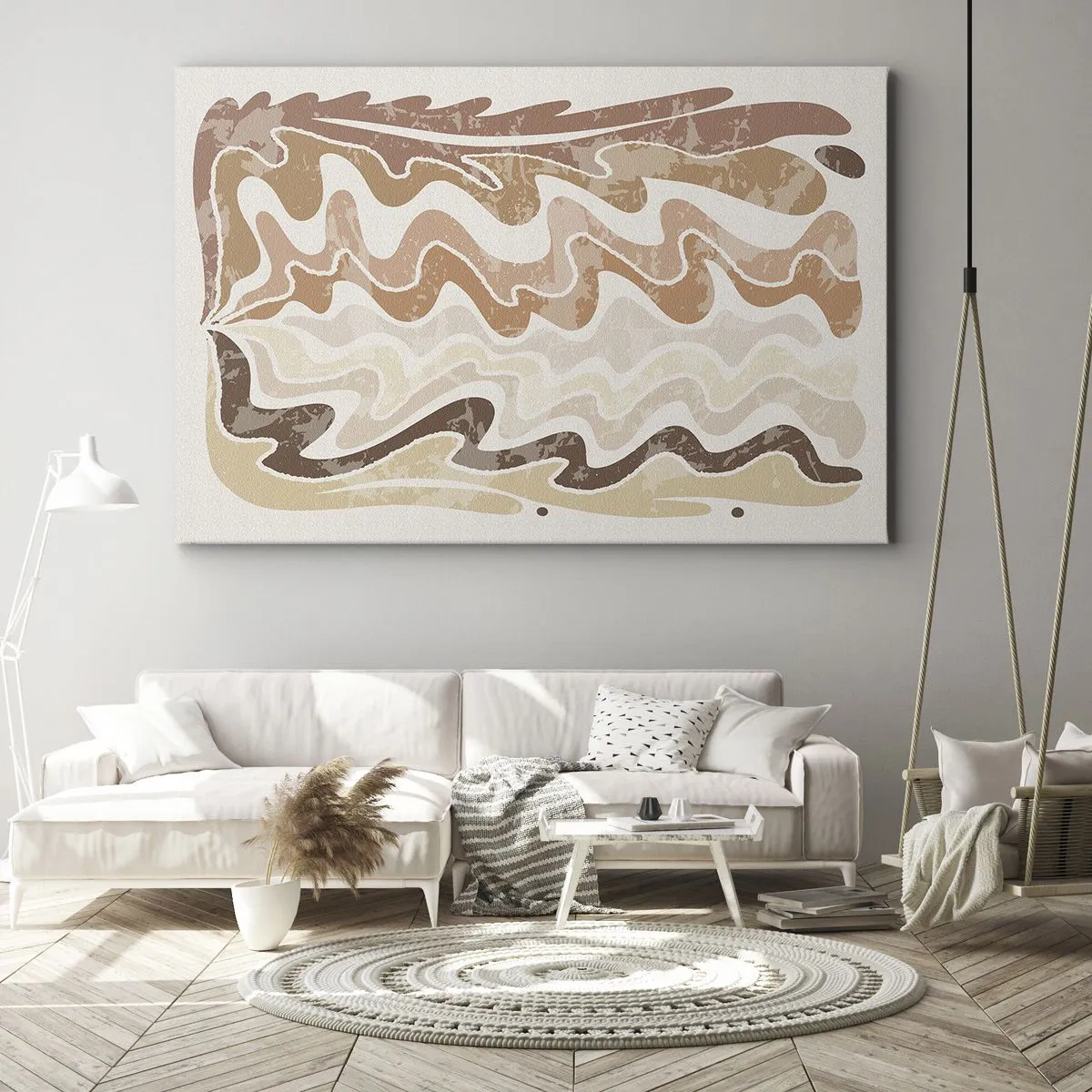 Obraz na płótnie - Falujące abstrakcyjne linie w beżowych odcieniach - 70x50cm - Dobra energia – dobre emocje - Nowoczesna dekoracja ścienna do salonu i sypialni ARTTOR