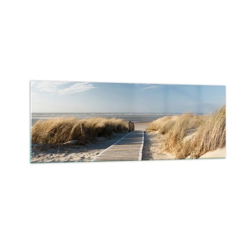 Obraz na szkle - Drewniana ścieżka prowadząca przez wydmy do spokojnego morza - 140x50cm - Za wydmą, w szumie traw - Nowoczesna dekoracja ścienna do salonu i sypialni ARTTOR