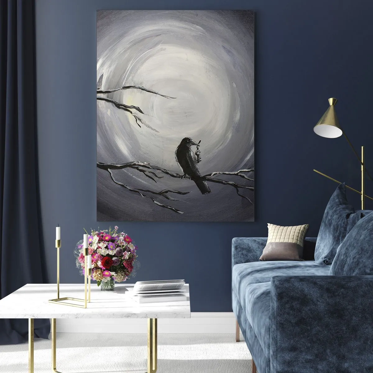 Obraz na szkle - Kruka siedzącego na gałęzi na tle pełni księżyca - 50x70cm - Klucz do tajemnicy nocy - Nowoczesna dekoracja ścienna do salonu, kuchni i sypialni ARTTOR