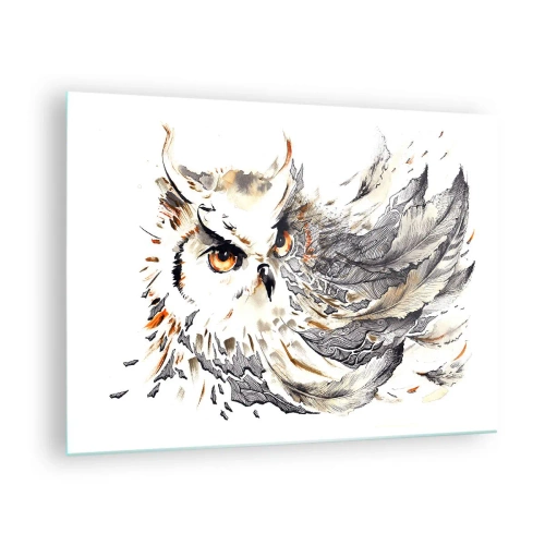 Obraz na szkle - Sowa z artystycznymi piórami w odcieniach pomarańczu i szarości - 70x50cm - Przybyła ze świata magii - Nowoczesna dekoracja ścienna do salonu i sypialni ARTTOR