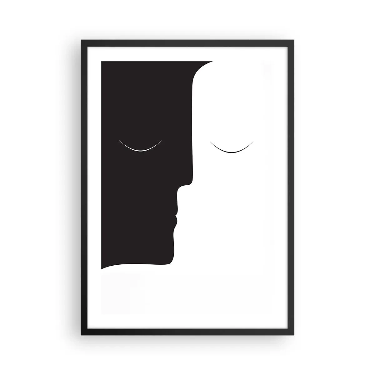 Plakat w czarnej ramie - Minimalistyczna grafika dwóch twarzy w czerni i bieli tworzących jedność - 50x70cm - Jedność przeciwieństw - Nowoczesna dekoracja ścienna do salonu i sypialni ARTTOR