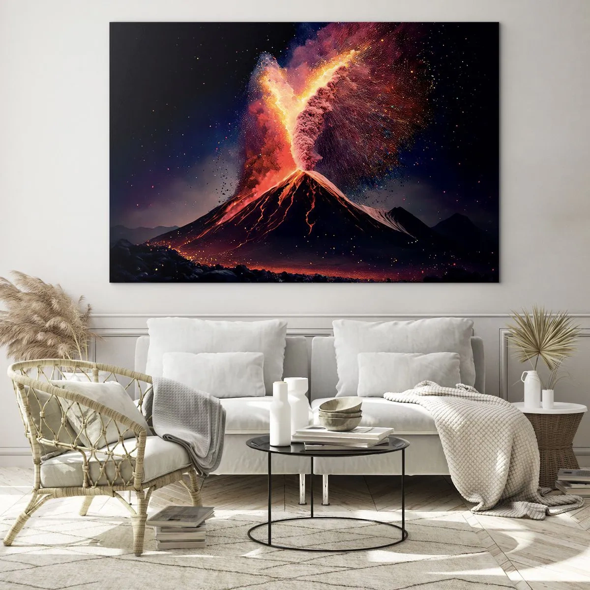 Obraz na szkle - Wybuchający wulkan z lawą i kolorowym obłokiem pyłu - 70x50cm - Piękno i groza - Nowoczesna dekoracja ścienna do salonu i sypialni ARTTOR