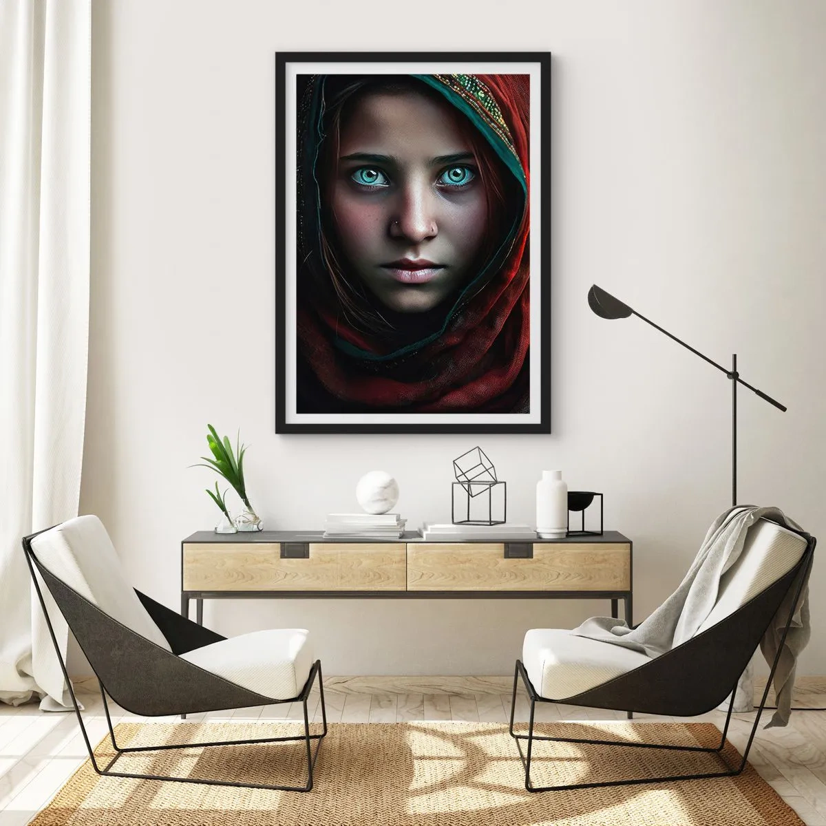 Plakat w czarnej ramie - Portret dziewczyny w czerwonym szalu o hipnotyzujących oczach - 50x70cm - Wschodnia księżniczka - Nowoczesna dekoracja ścienna do salonu i sypialni ARTTOR