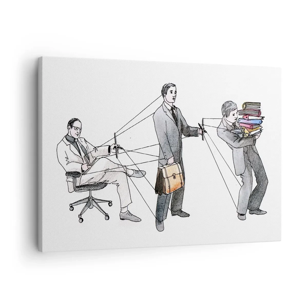 Obraz na płótnie - Ilustracja ukazująca ludzi sterowanych jak marionetki - 70x50cm - Każdy swego pana ma - Nowoczesna dekoracja ścienna do salonu i sypialni ARTTOR