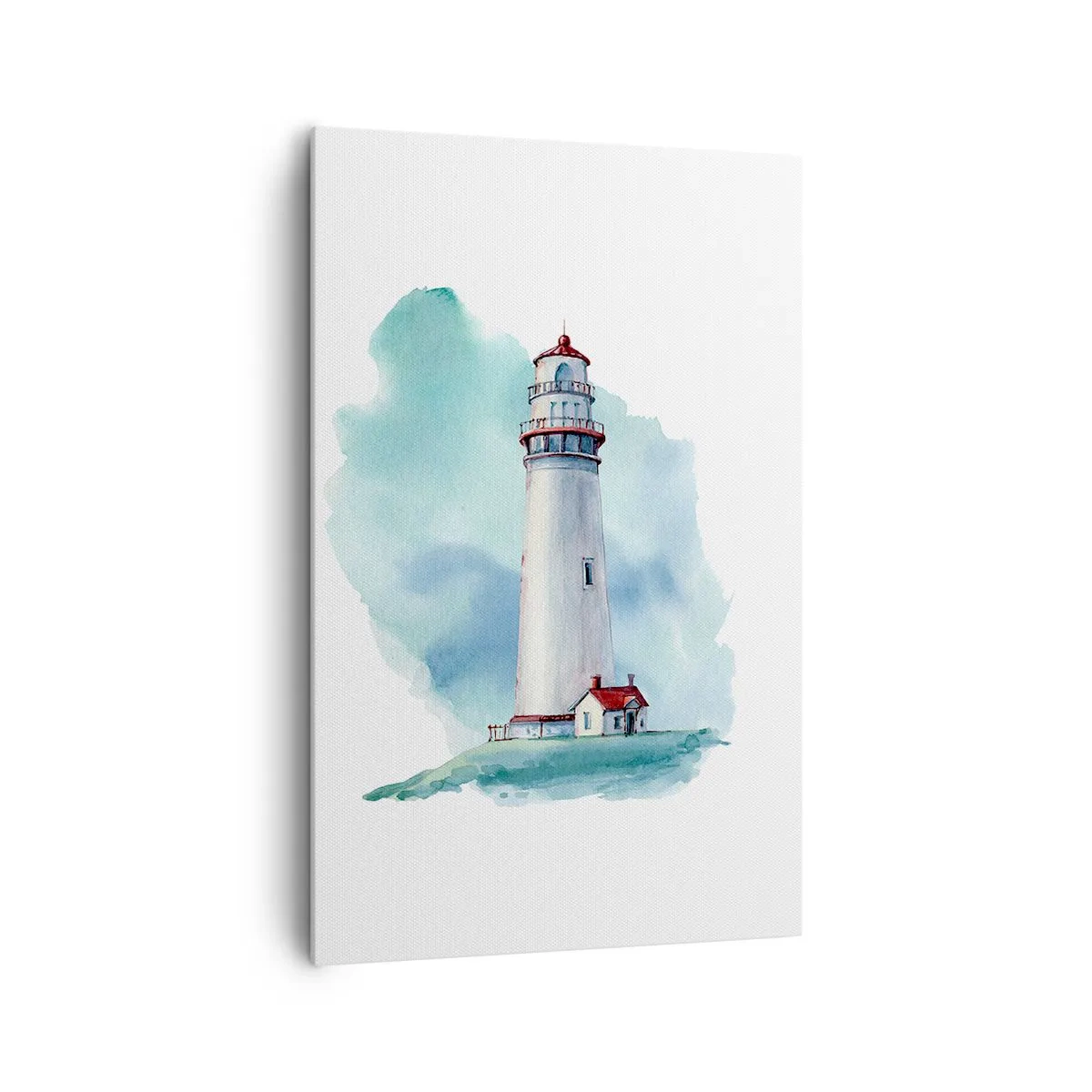 Obraz na płótnie - Latarnia morska na tle akwarelowego błękitu - 80x120cm - Łagodna siostra błękitu - Nowoczesna dekoracja ścienna do salonu i sypialni ARTTOR