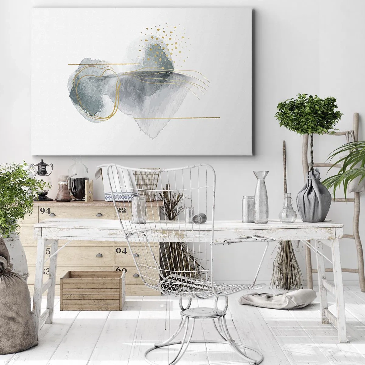 Obraz na płótnie - Abstrakcyjna kompozycja w odcieniach turkusu i złota - 70x50cm - O związkach szarości i złota - Nowoczesna dekoracja ścienna do salonu i sypialni ARTTOR