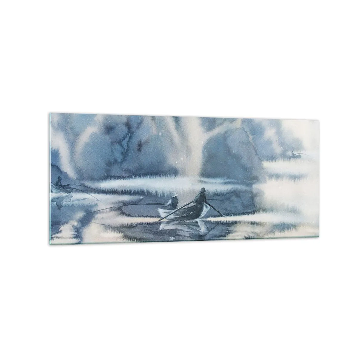 Obraz na szkle - Akwarelowy krajobraz z łodziami na jeziorze otoczonym mglistym lasem - 120x50cm - Wędkarze w swoim raju - Nowoczesna dekoracja ścienna do salonu i sypialni ARTTOR
