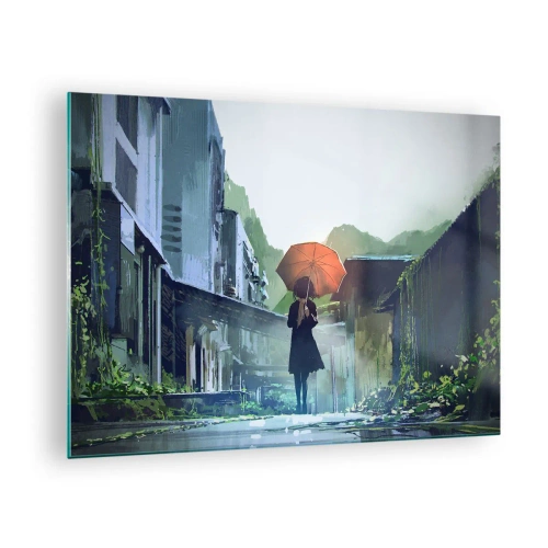 Obraz na szkle - Postać z pomarańczowym parasolem na deszczowej ulicy - 70x50cm - Ożywczy deszcz - Nowoczesna dekoracja ścienna do salonu i sypialni ARTTOR