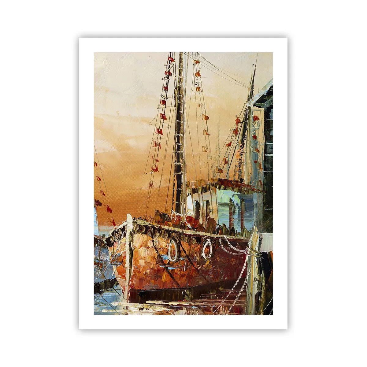 Plakat - Żaglowiec na tle zachodzącego słońca - 50x70cm - Spokojny powrót - Nowoczesna dekoracja ścienna do salonu, kuchni i sypialni ARTTOR