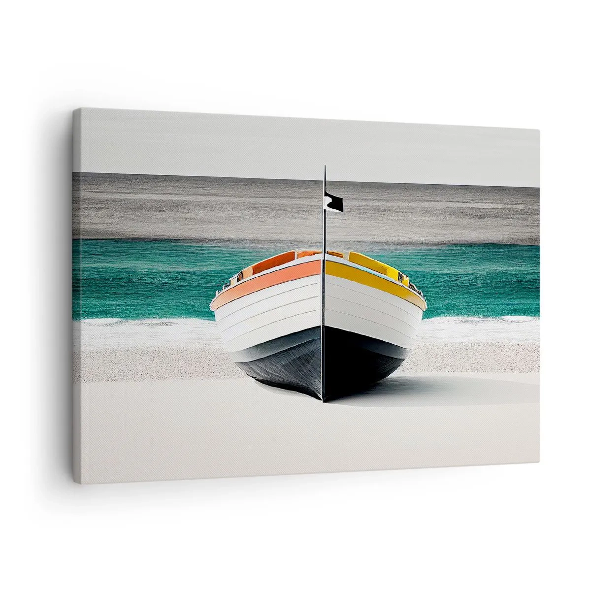 Obraz na płótnie - Łódź na plaży z turkusowym morzem w tle - 70x50cm - Na swoim miejscu - Nowoczesna dekoracja ścienna do salonu i sypialni ARTTOR
