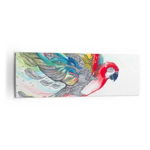 Obraz na płótnie - Kolorowa papuga w locie z abstrakcyjnymi wzorami na skrzydłach - 160x50cm - Żyj kolorowo - Nowoczesna dekoracja ścienna do salonu i sypialni ARTTOR