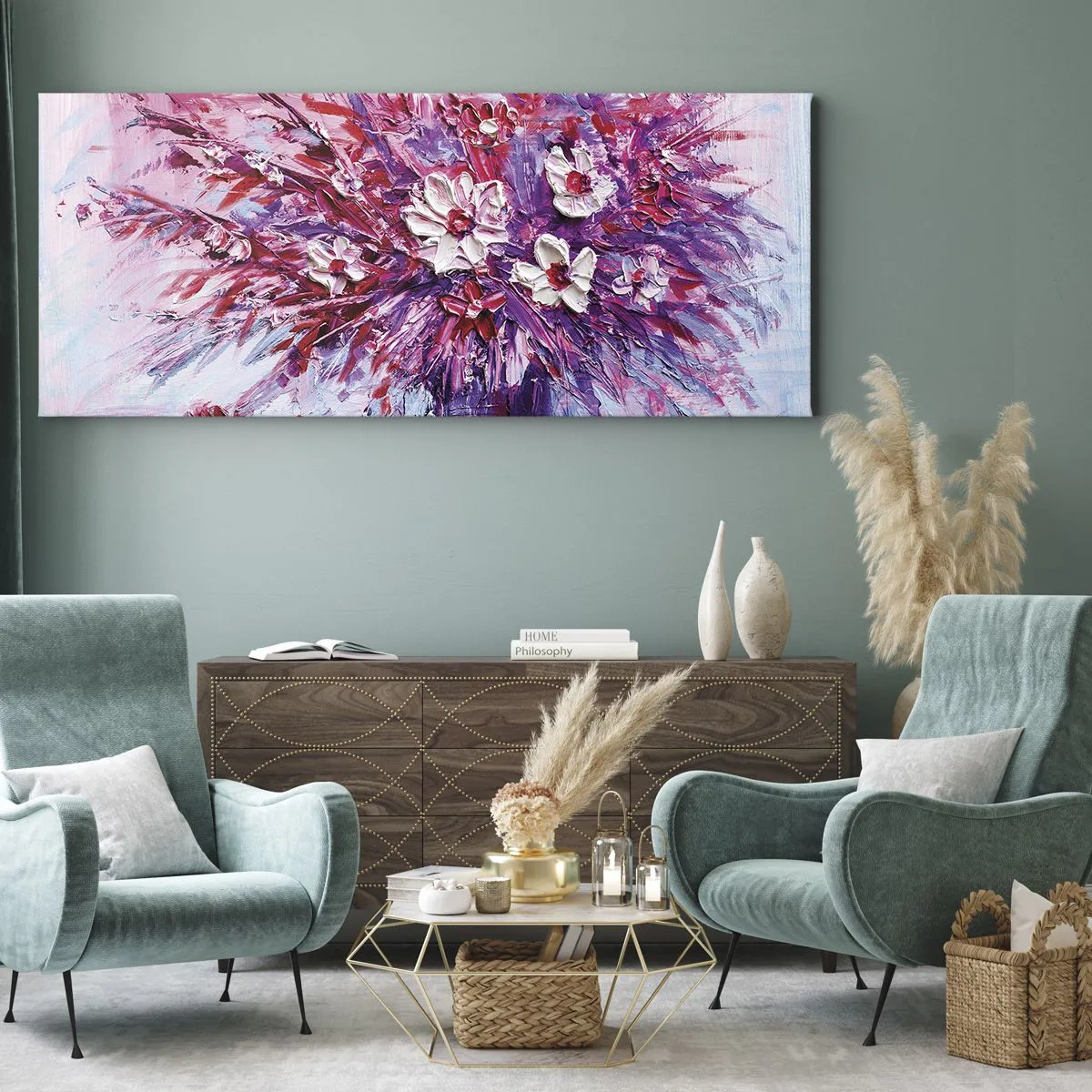 Obraz na płótnie - Kolorowy bukiet kwiatów w różowych i fioletowych tonacjach - 160x50cm - Niewinność i namiętność - Nowoczesna dekoracja ścienna do salonu i sypialni ARTTOR