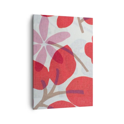 Obraz na płótnie - Stylizowany wzór roślinny w odcieniach czerwieni i różu - 50x70cm - Kompozycja kwiatowa w różu - Nowoczesna dekoracja ścienna do salonu, kuchni i sypialni ARTTOR