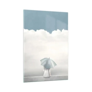 Obraz na szkle - Postać z jasnym parasolem siedząca na krawędzi chmur - 70x100cm - Na krawędzi jawy i marzenia - Nowoczesna dekoracja ścienna do salonu i sypialni ARTTOR